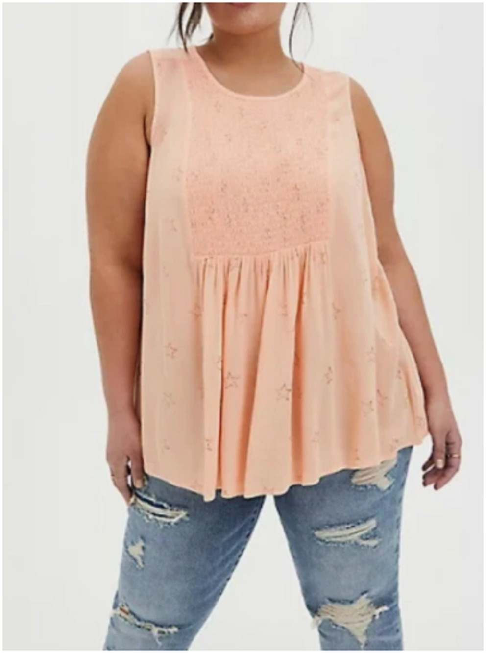 Torrid Crinkle Gauze Smocked Tank Womens 00X Peach Glittered Stars Celestial